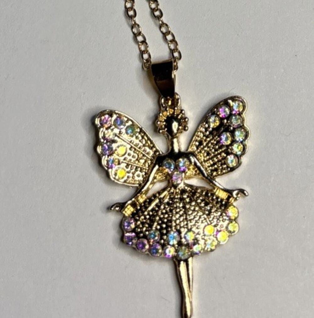 Gold Tone Fairy Ballerina Pendant Necklace Iridescent Rhinestones Adjustable 18”